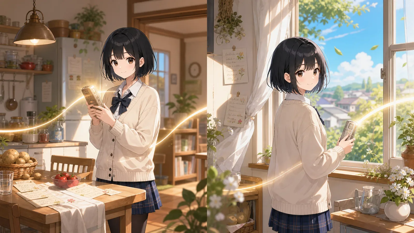 Sato carrying a voice recorder through a summer room
