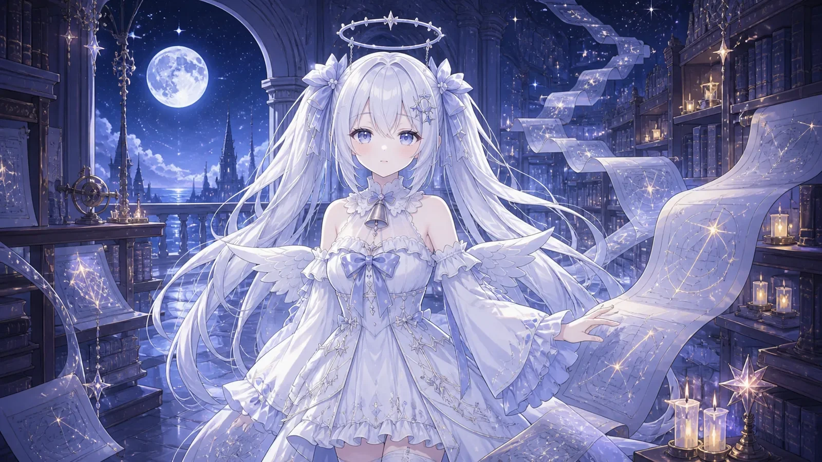 Uriela in a moonlit celestial archive